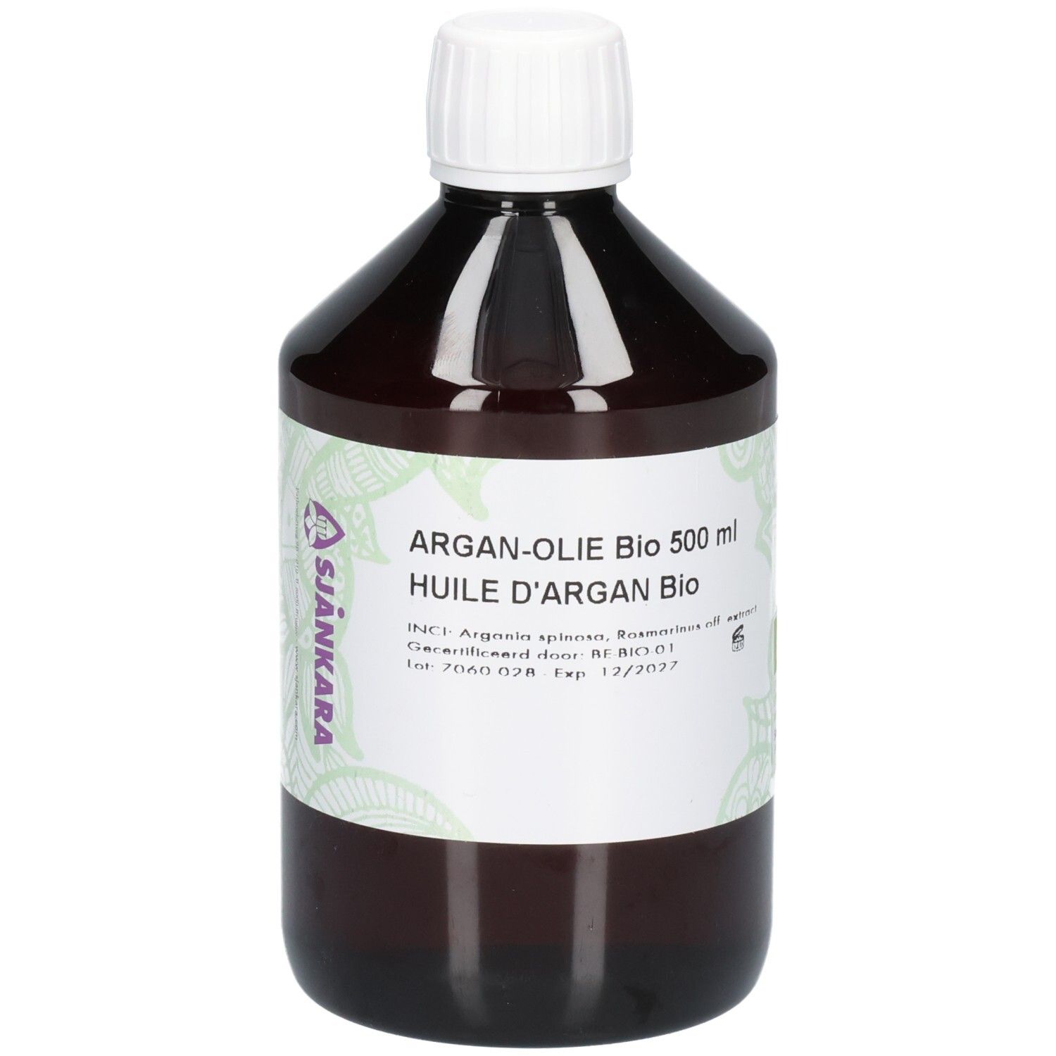 Bouteille en verre brun avec bouchon à vis blanc, contenant de l'huile d'argan. Étiquette avec informations produit et label bio.