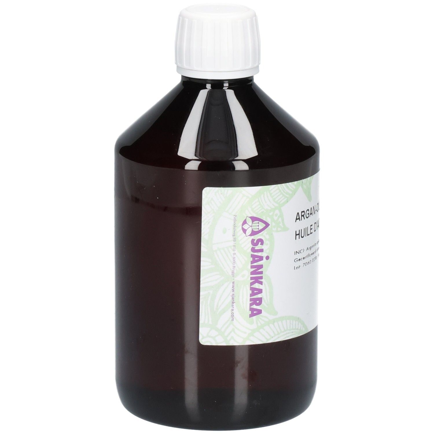Bouteille en verre brun avec bouchon à vis blanc, contenant de l'huile d'argan. Étiquette avec informations produit et label bio.