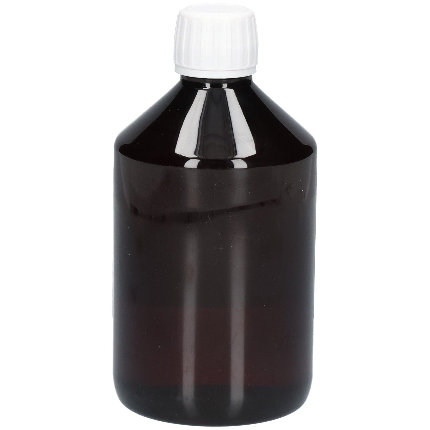 Bouteille en verre brun avec bouchon à vis blanc, contenant de l'huile d'argan. Seule la bouteille est visible.
