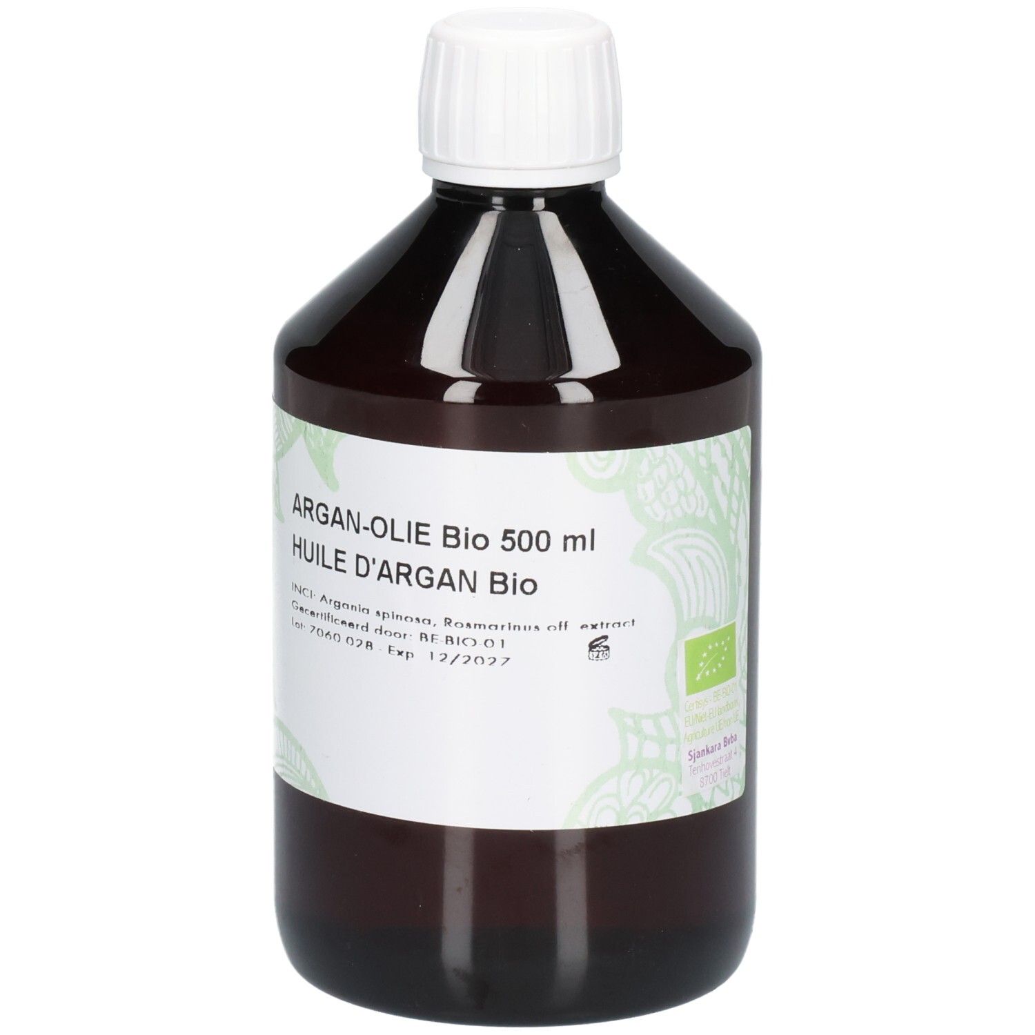 Bouteille en verre brun avec bouchon à vis blanc, contenant de l'huile d'argan. Étiquette avec informations produit et label bio.