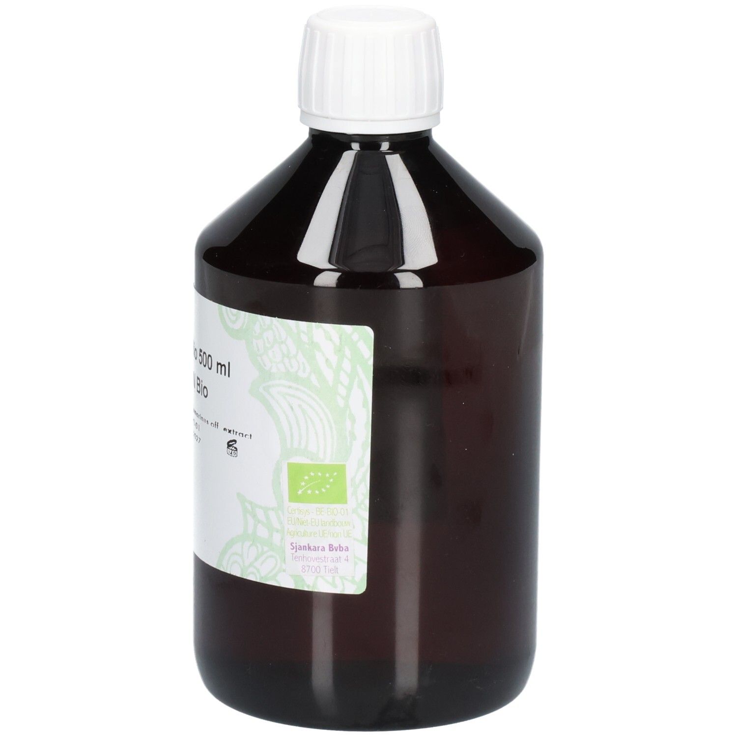 Bouteille en verre brun avec bouchon à vis blanc, contenant de l'huile d'argan. Étiquette avec informations produit et label bio.