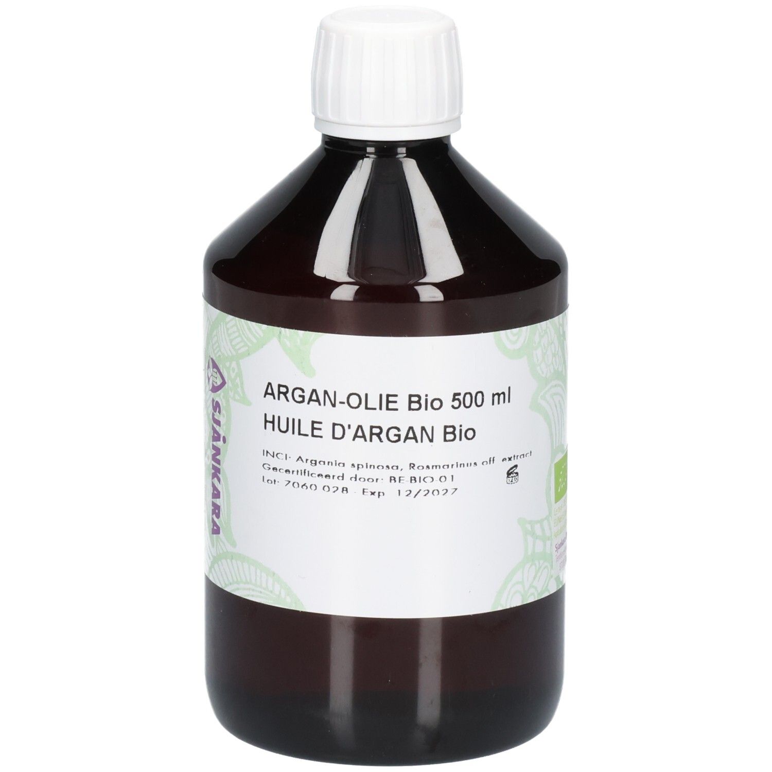 Bouteille en verre brun avec bouchon à vis blanc, contenant de l'huile d'argan. Étiquette avec informations produit et label bio.
