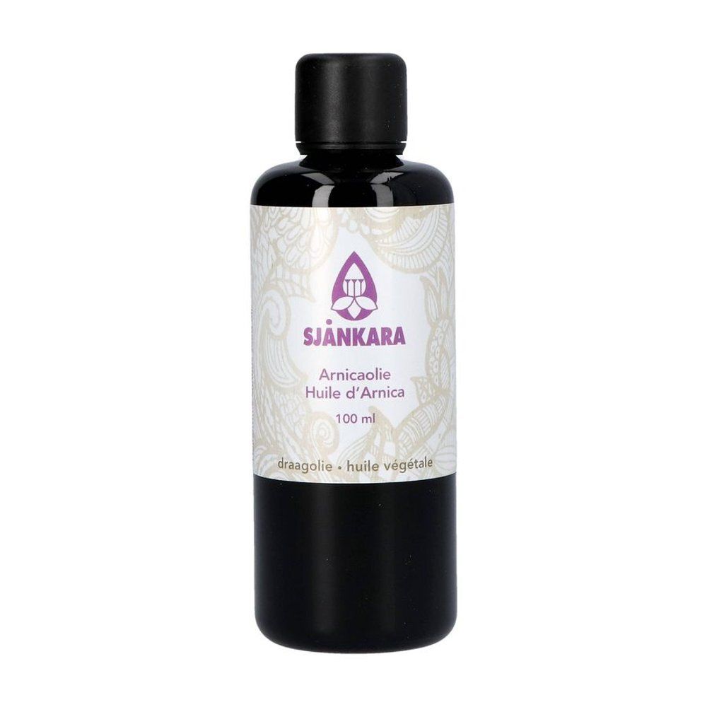 Flacon avec bouchon noir. Étiquette avec nom et logo du produit. Fond blanc.