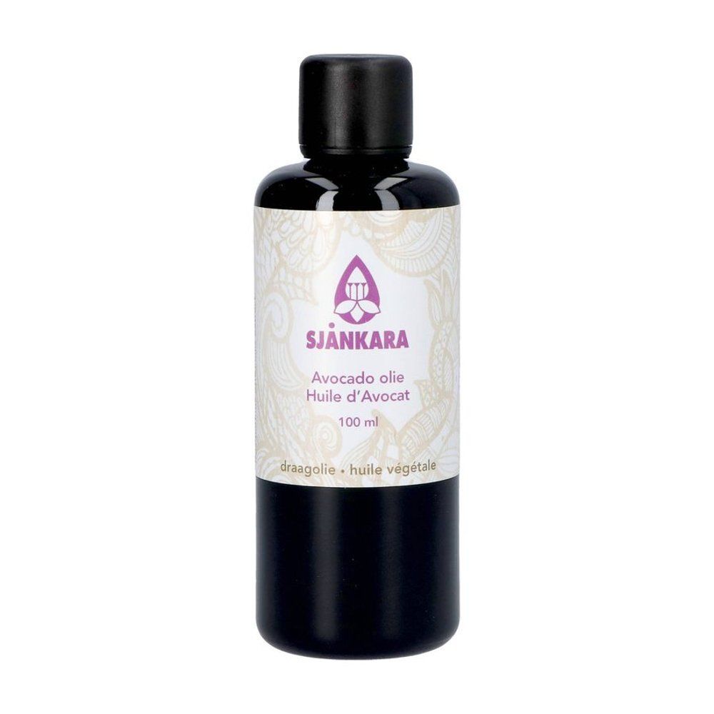 Fles met zwarte dop. Etiket met productnaam: Avocado olie. 100 ml.