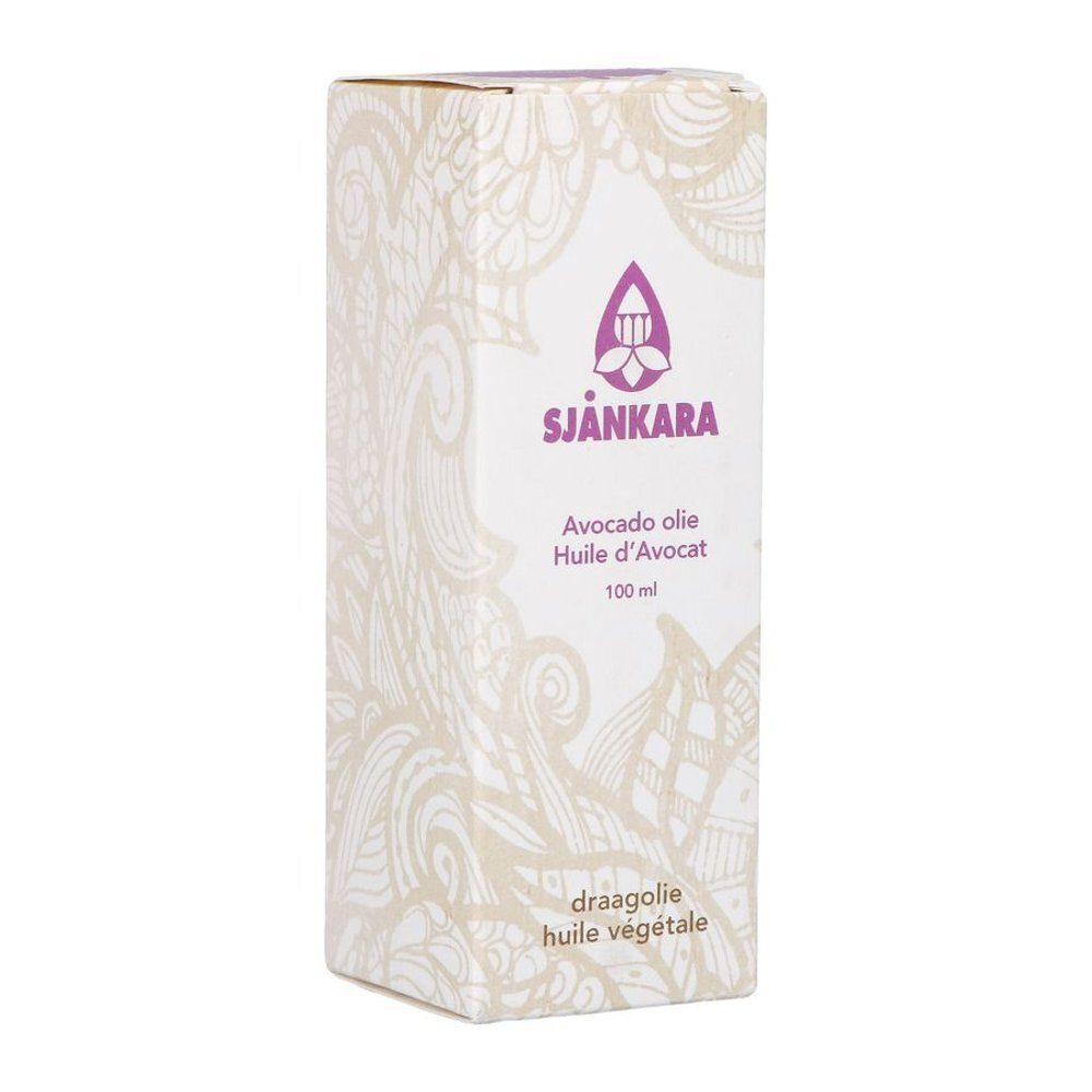 Emballage avec nom du produit: Avocado olie. 100 ml. Motif floral.