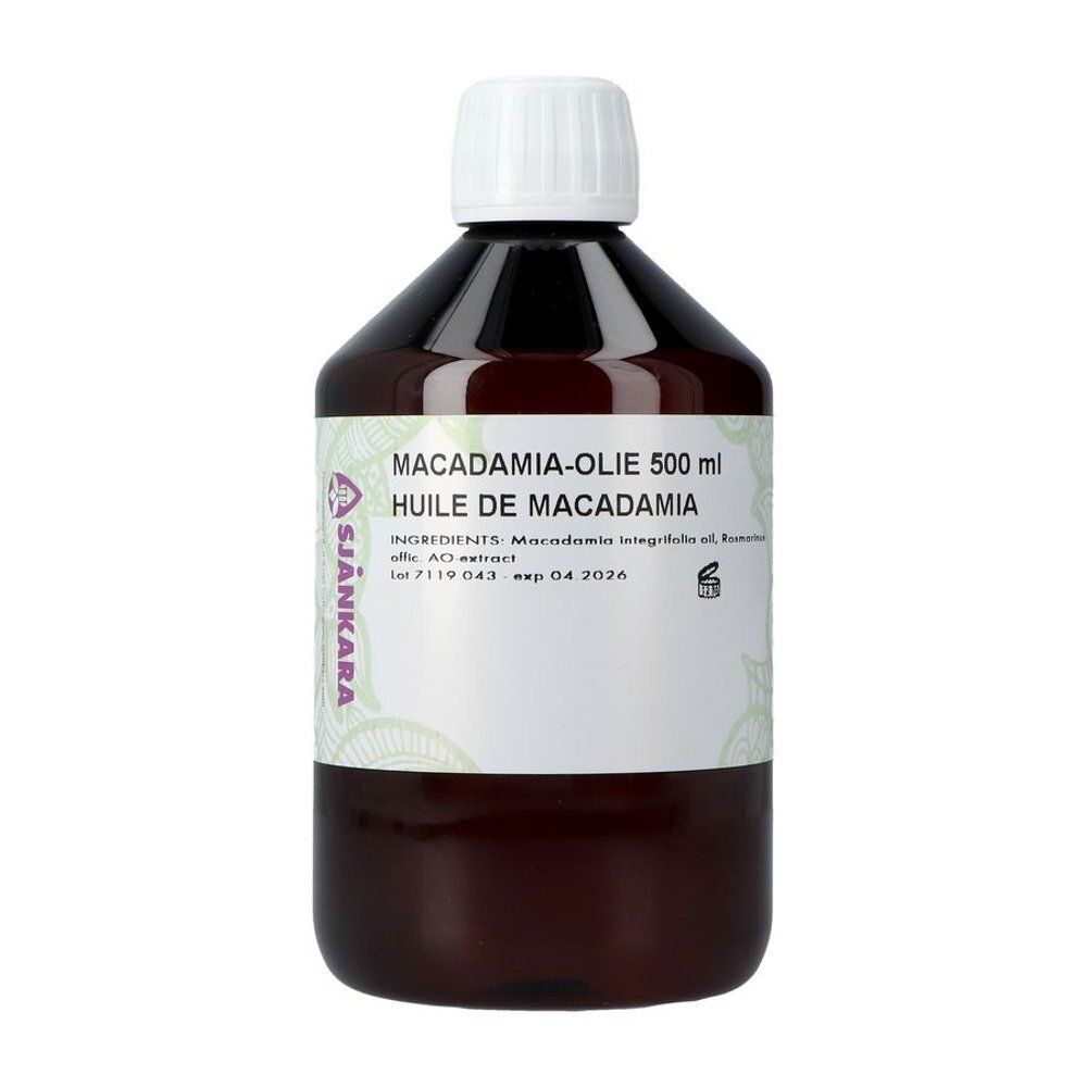 Flacon brun avec bouchon blanc. Étiquette avec texte: Macadamia-Olie, Huile de Macadamia. Marque: Sjankara.