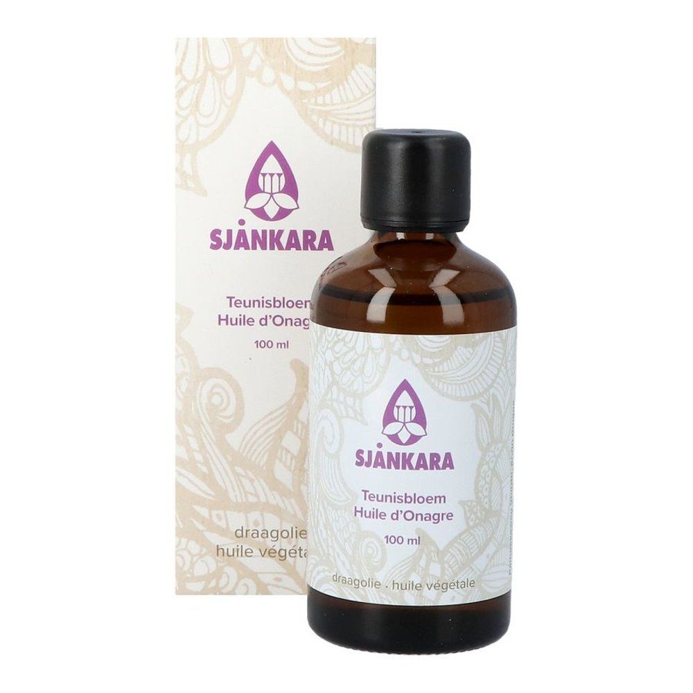 Bruine glazen fles en doos. Fles met zwarte dop. Doos met logo en tekst: Teunisbloem Huile d'Onagre 100 ml.