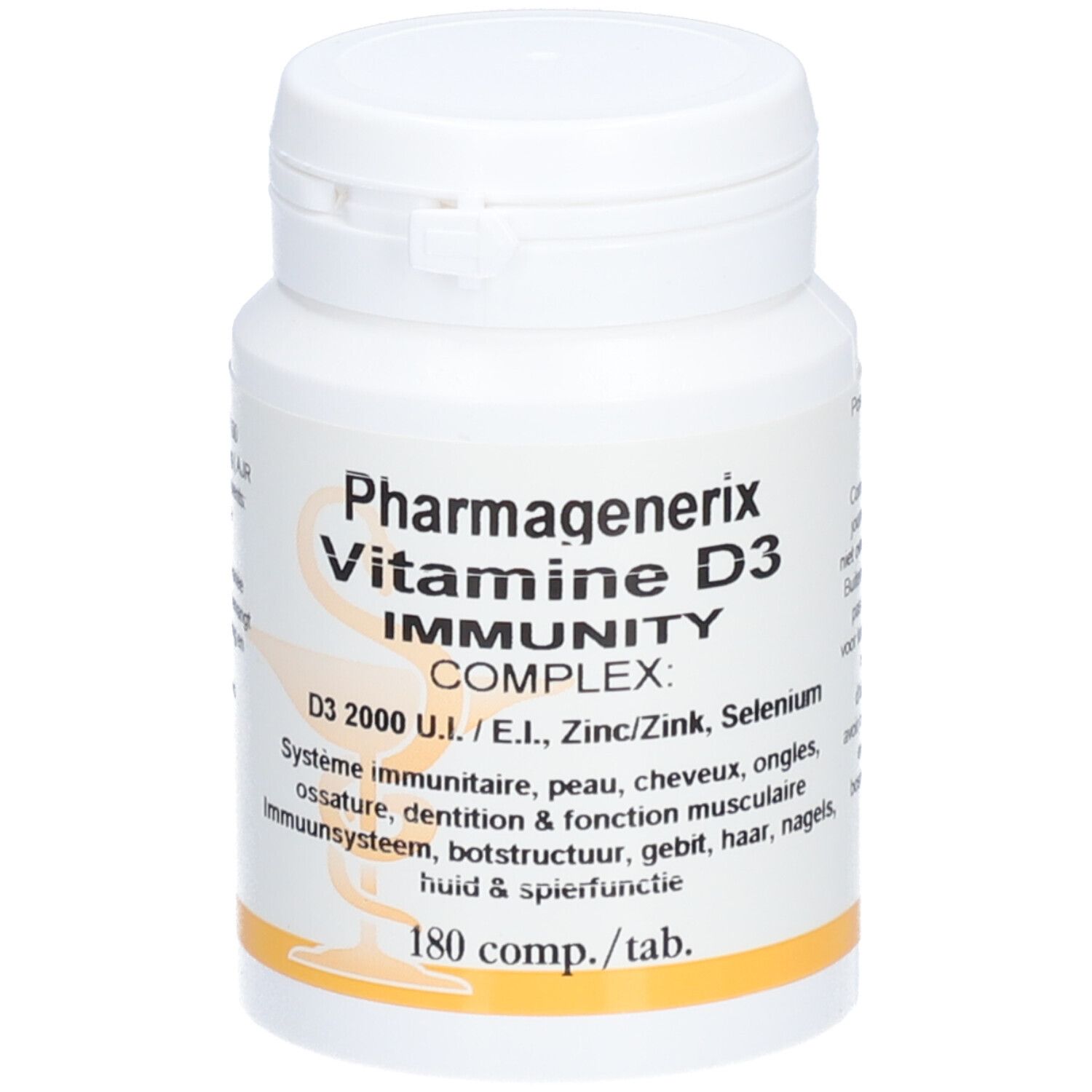 Witte fles met dop. Opschrift: Pharmagenerix Vitamine D3 Complex. Bevat 180 tabletten.