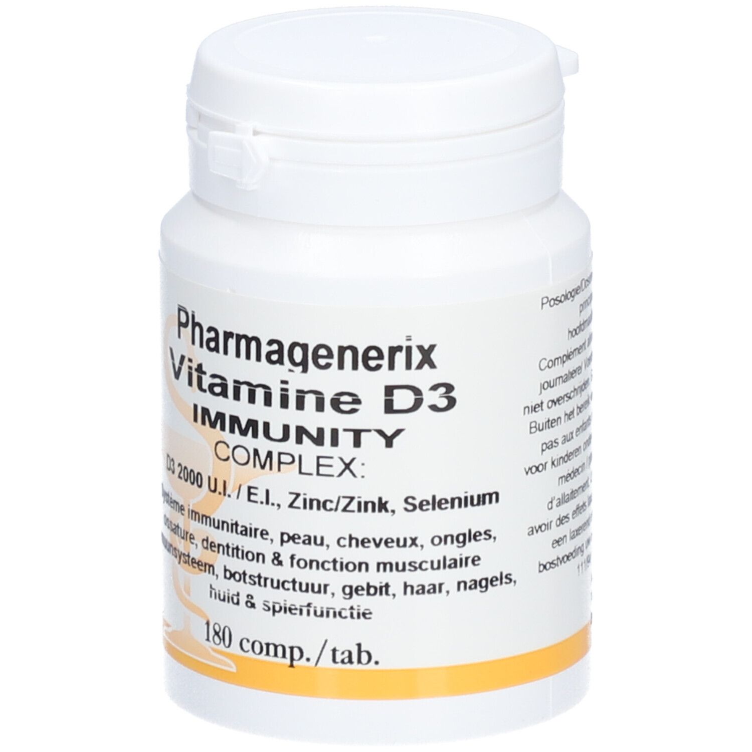 Witte fles met dop. Opschrift: Pharmagenerix Vitamine D3 Complex. Bevat 180 tabletten.