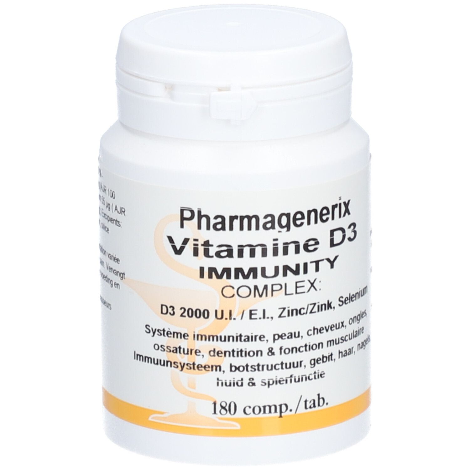 Witte fles met dop. Opschrift: Pharmagenerix Vitamine D3 Complex. Bevat 180 tabletten.
