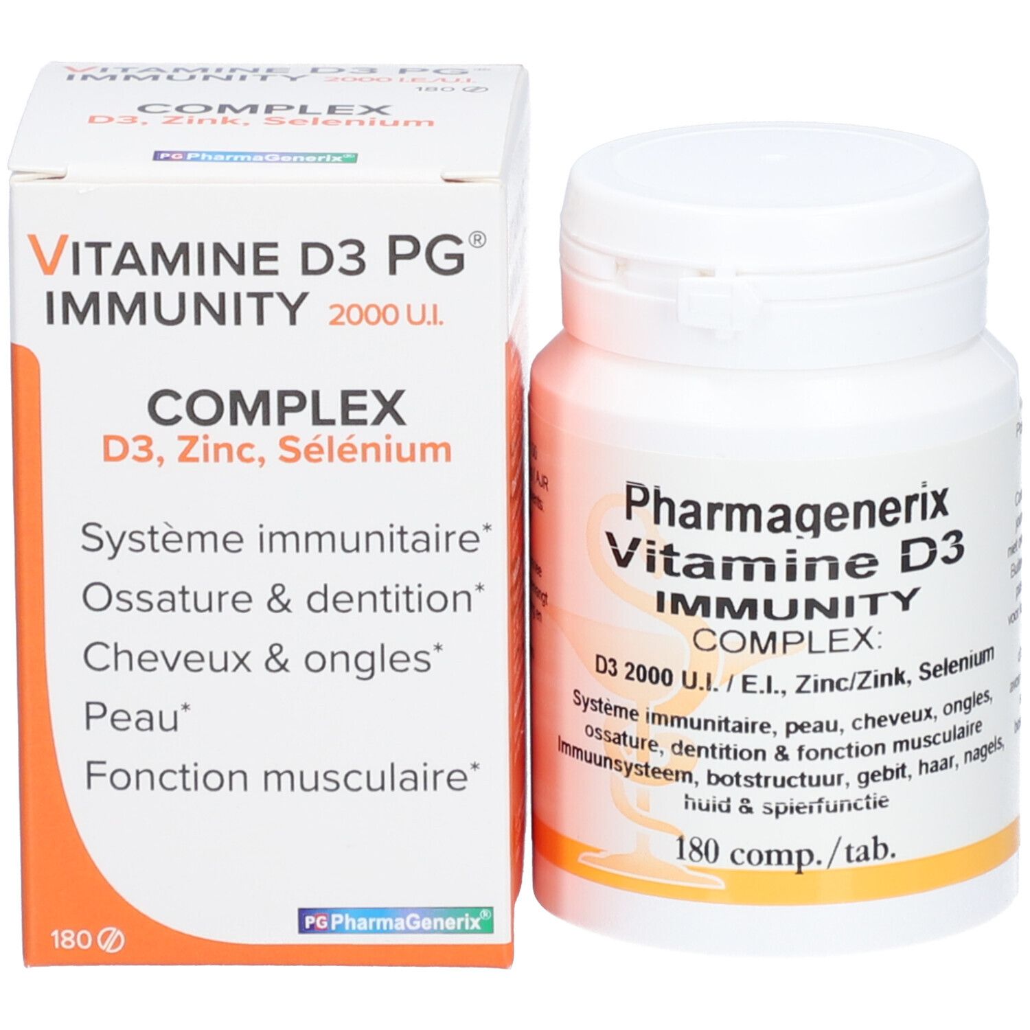 Productverpakking en fles. Opschrift: Vitamine D3 PG Complex. Bevat 180 tabletten.
