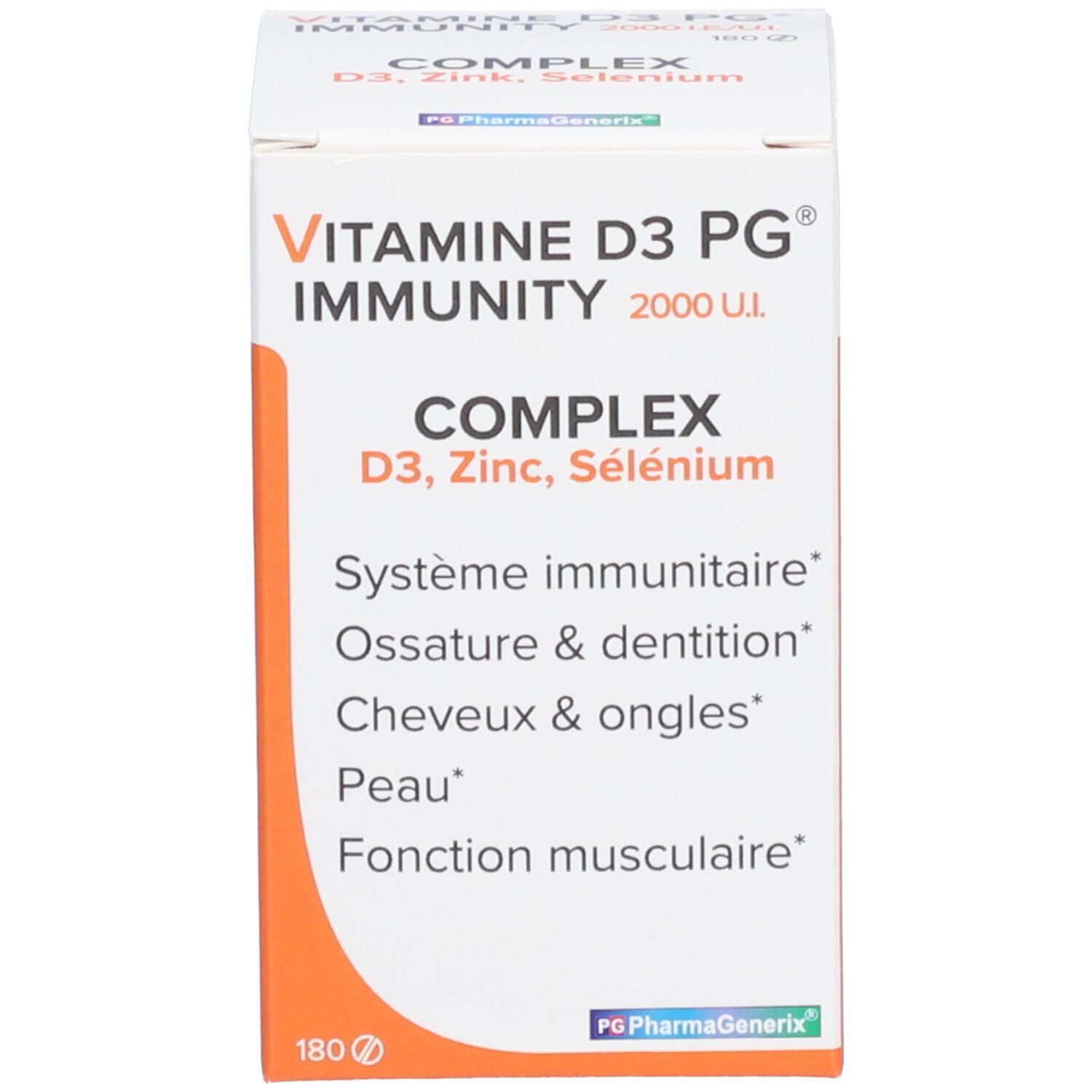 Productverpakking. Opschrift: Vitamine D3 PG Complex. Bevat 180 tabletten.