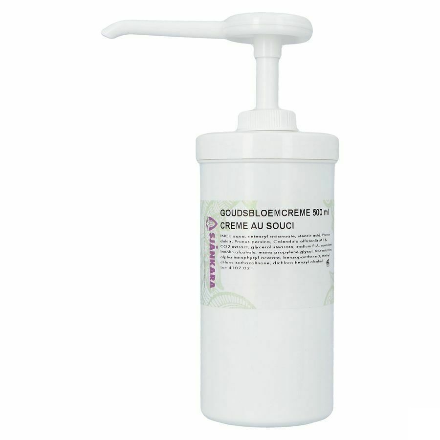 Flacon pompe blanc avec étiquette indiquant 'Goudsbloemcreme 500ml Creme au Souci'.