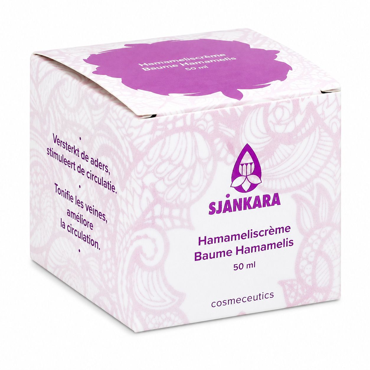 Boîte blanche avec logo violet et texte: Sjankara, Hamameliscrème, Baume Hamamelis, 50 ml. Texte: cosmeceutics.