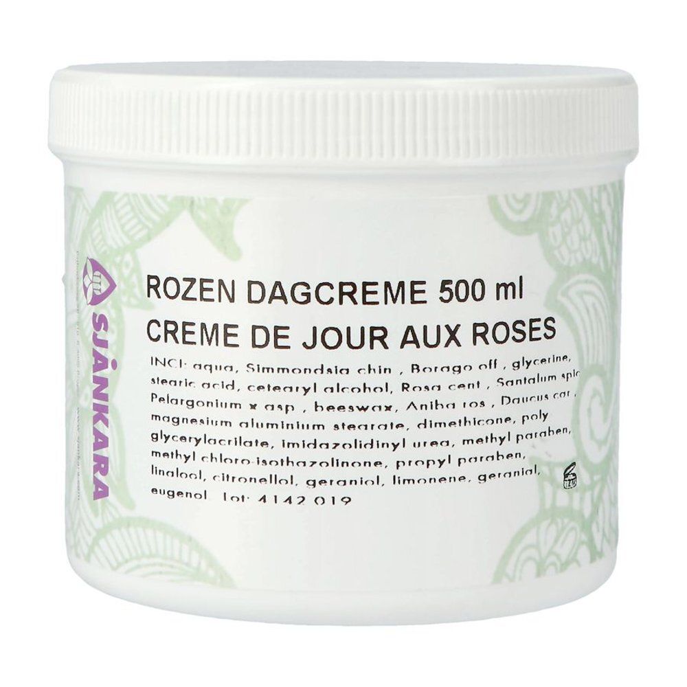 Witte pot met schroefdop. Opschrift: Rozen Dagcreme 500 ml, Crème de Jour aux Roses. Merk: Sjankara.