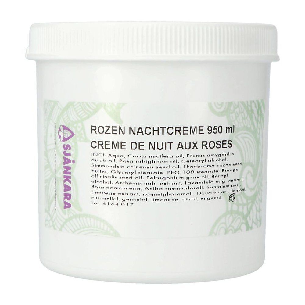Witte pot met deksel. Opschrift: Rozen Nachtcreme, Crème de Nuit aux Roses. Merk: Sjankara. Tekst in groen.