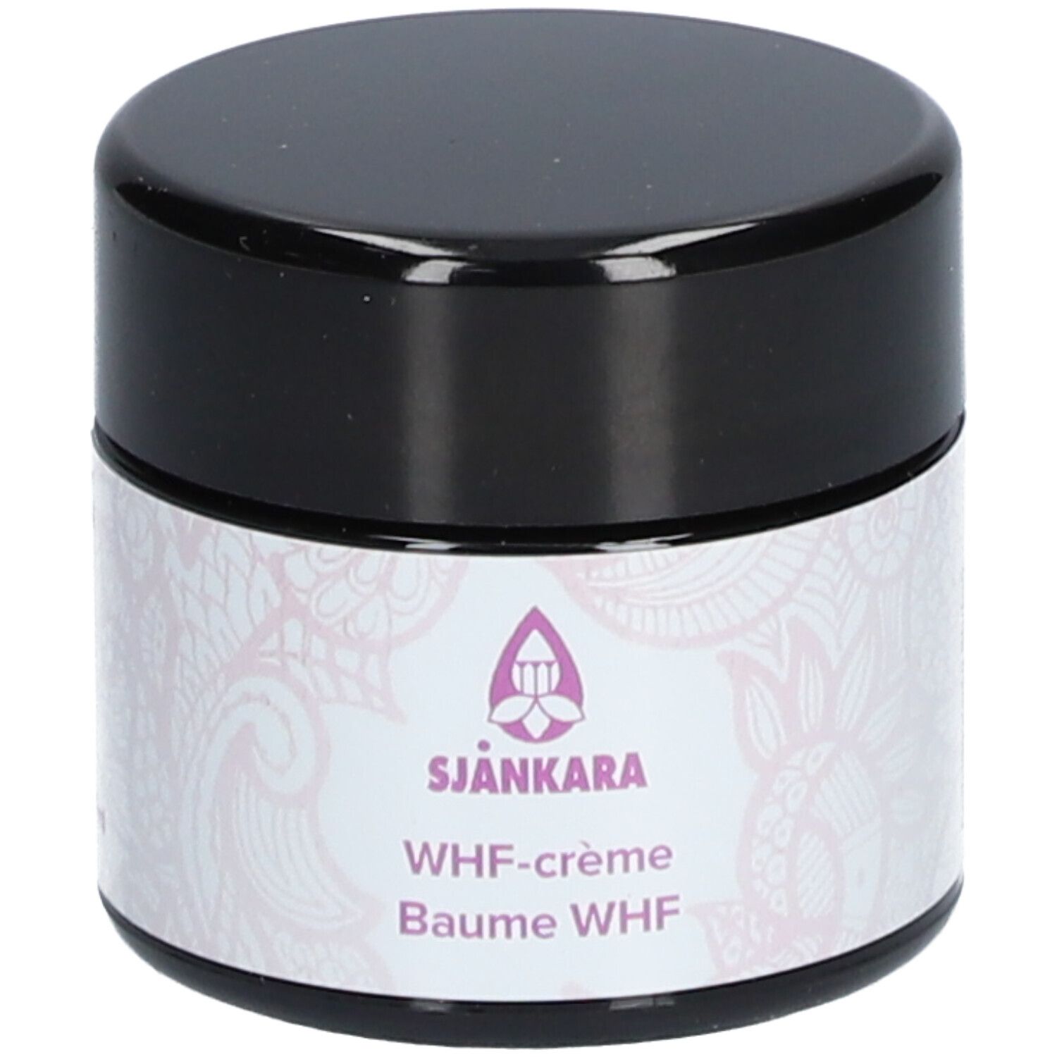Crèmepot met zwarte deksel. Etiket: Sjankara, WHF-crème, Baume WHF. Paars logo en bloemmotief.