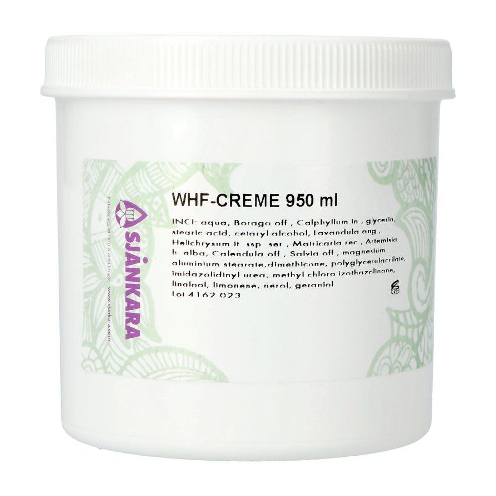 Witte pot met deksel. Opschrift WHF-CREME 950 ml. Logo en tekst SJANKARA. Ingrediëntenlijst.