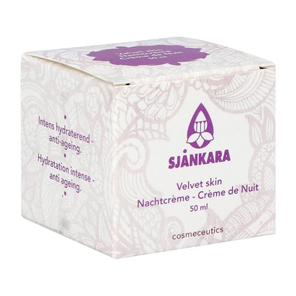 Verpakking. Sjankara Velvet Skin Crème de Nuit. Wit met paars logo en tekst. Tekst: Intens hydraterend - anti-aging.