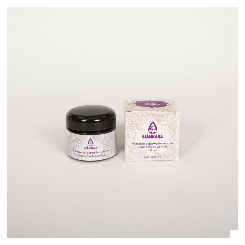 Pot et boîte de crème. Inscription Sjankara. Texte multilingue. Couvercle noir, pot blanc.