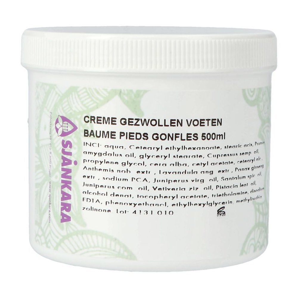 Pot blanc avec couvercle vissé. Inscription : Crème Gezwollen Voeten, Baume Pieds Gonfles. Marque : Sjankara.