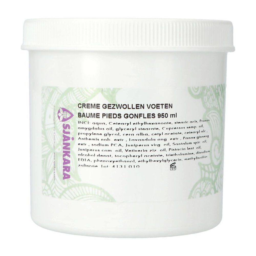 Pot blanc avec couvercle. Inscription : Crème Pieds Pieds Enflés. Logo Sjankara. Texte multilingue.