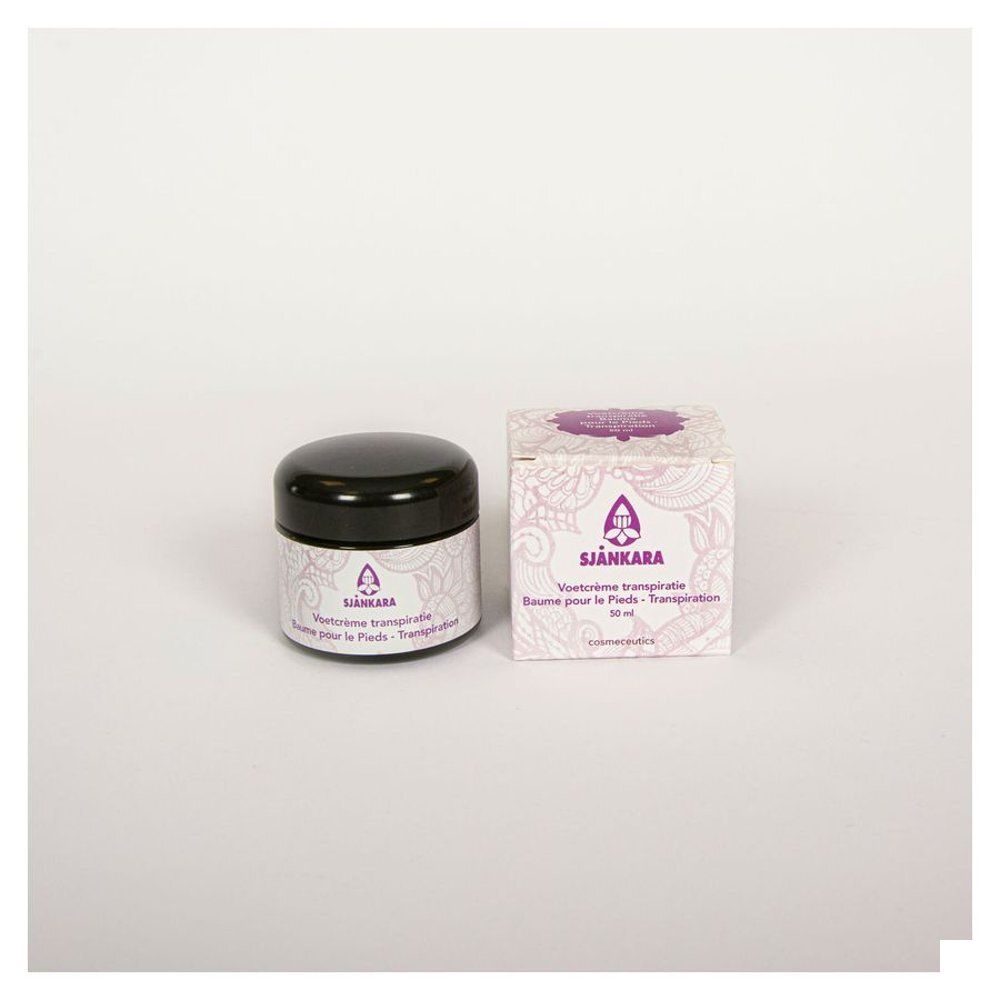 Pot de crème avec couvercle noir et boîte. Inscription : Sjankara, Voetcrème transpiratie, Crème pour les Pieds Transpiration.