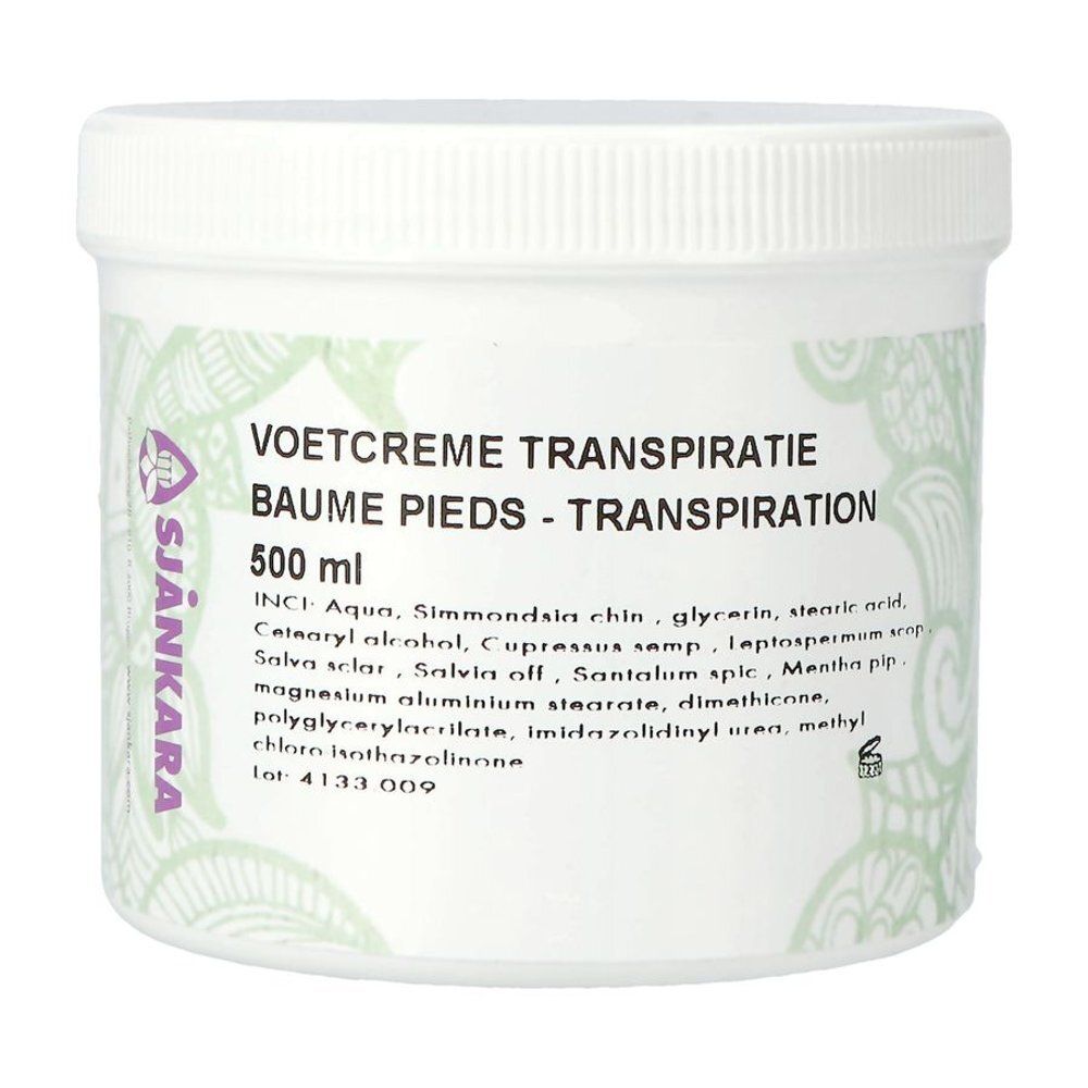 Pot blanc cylindrique avec bouchon à vis. Inscription : VOETCREME TRANSPIRATIE, BAUME PIEDS - TRANSPIRATION. Marque Sjankara.