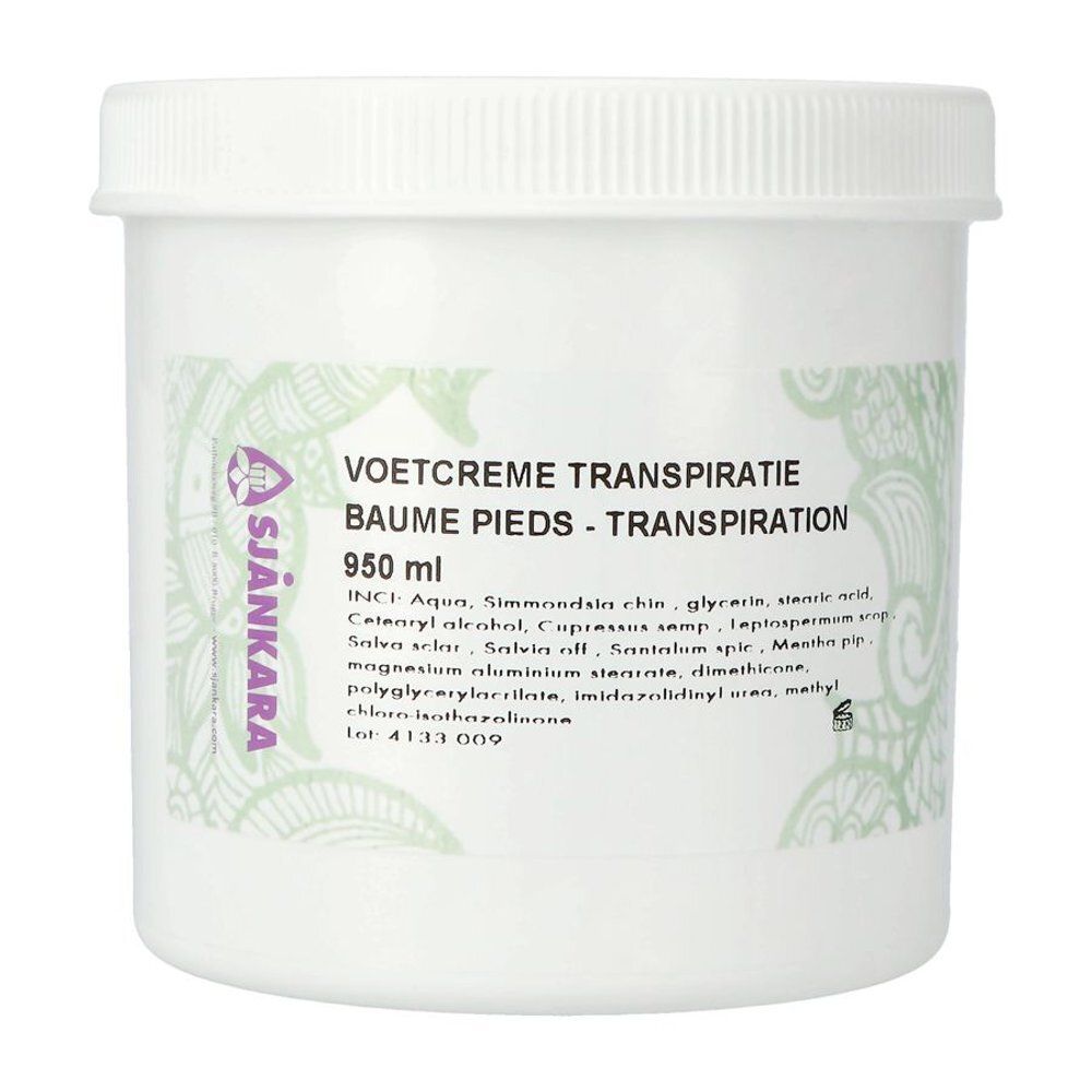 Witte pot met schroefdeksel. Opschrift: VOETCREME TRANSPIRATIE, BAUME PIEDS - TRANSPIRATION. Logo Sjankara.