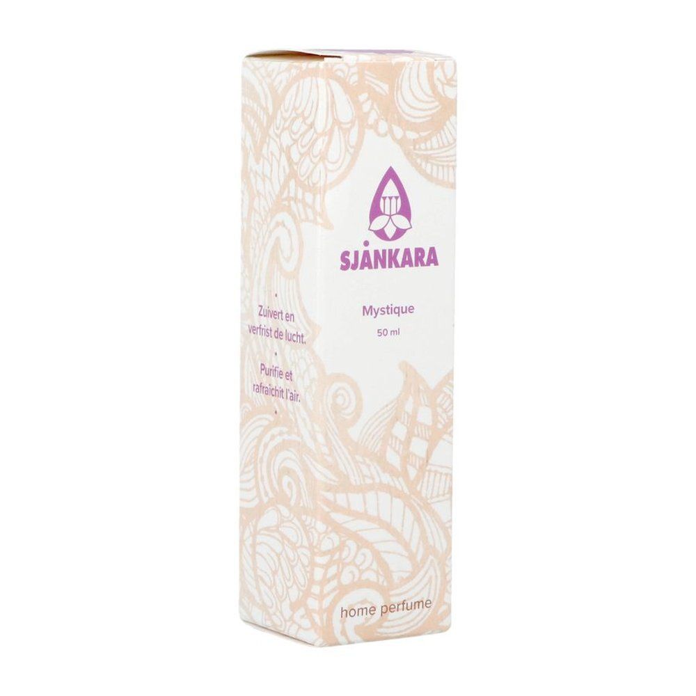 Kartonnen verpakking met logo, tekst "Mystique" en "home perfume". Tekst in het Nederlands en Frans.