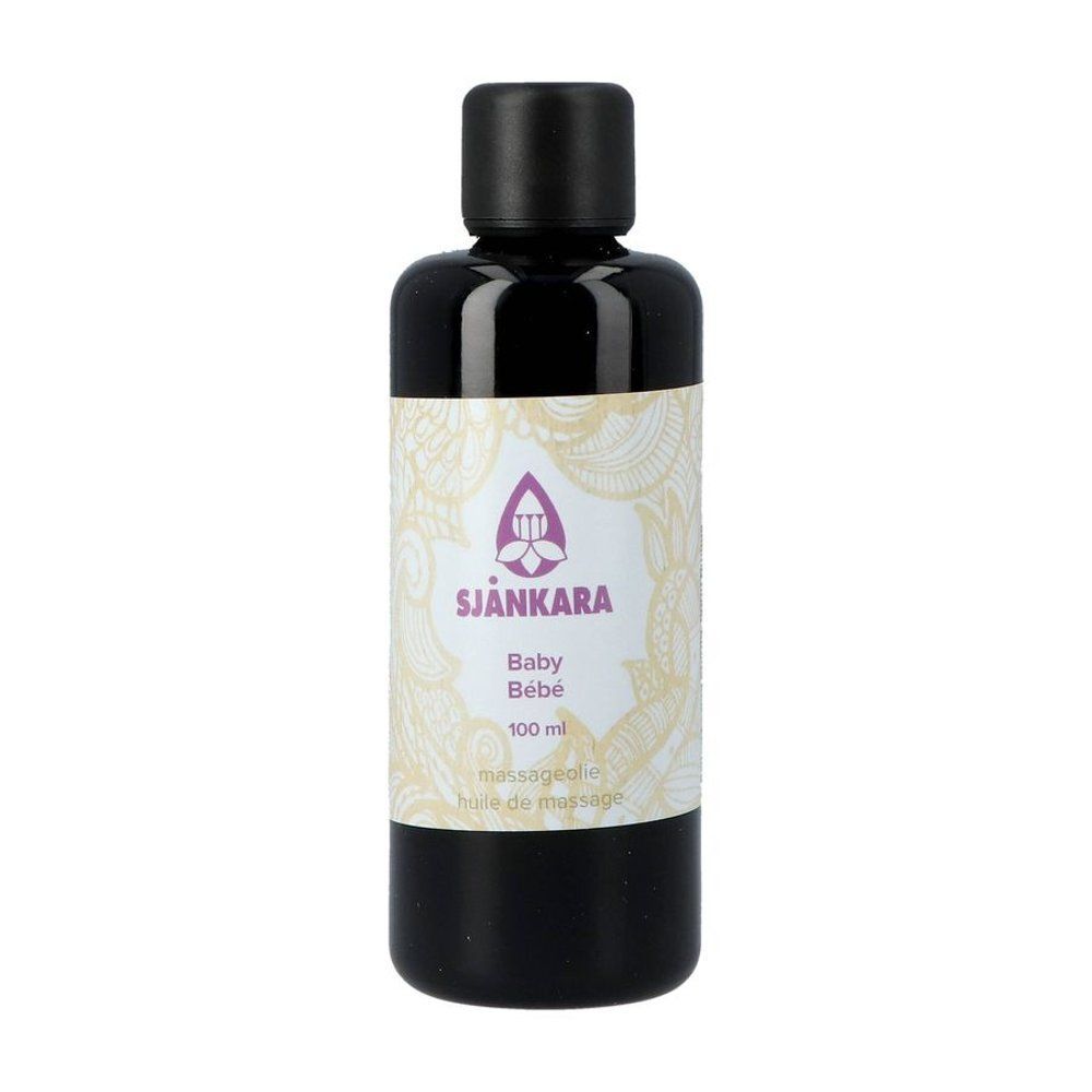Bruine glazen fles met zwarte dop. Etiket met tekst: Sjankara Baby Bébé 100 ml.