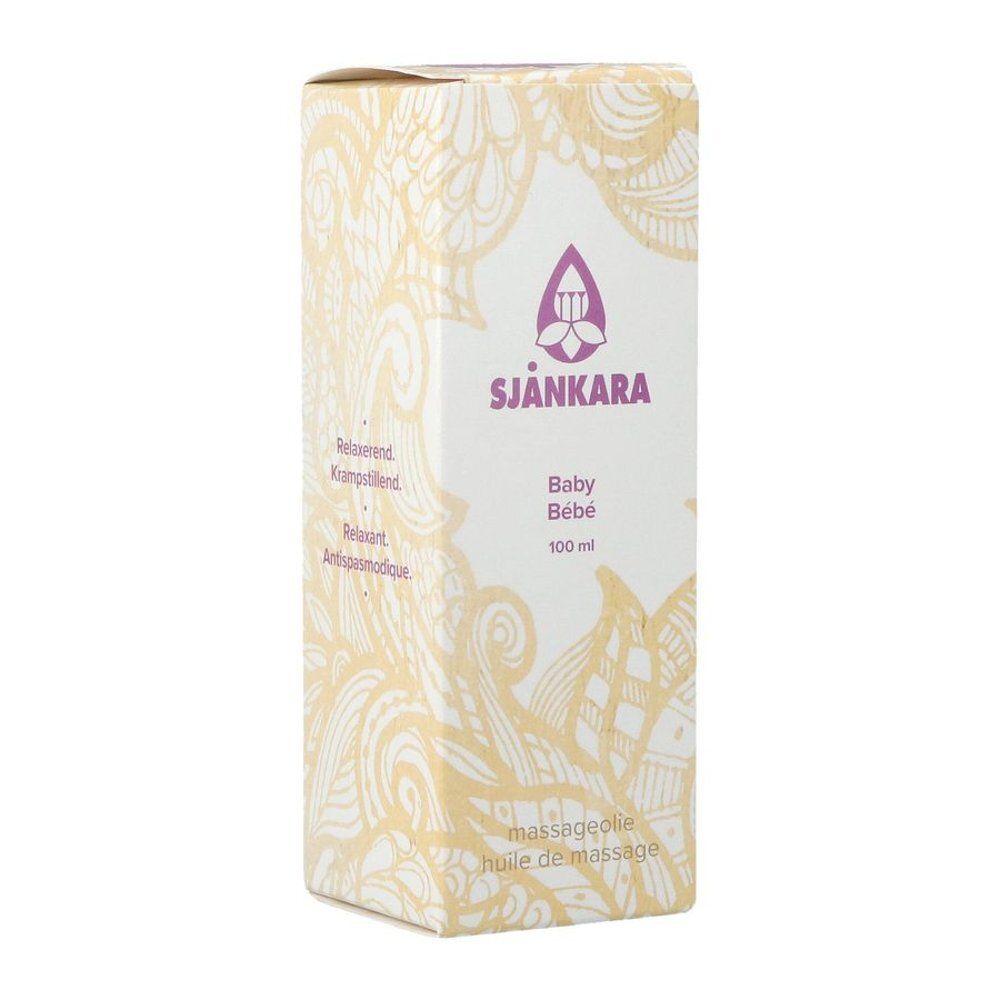 Hoge, rechthoekige verpakking. Logo en tekst: Sjankara Baby Bébé 100 ml.