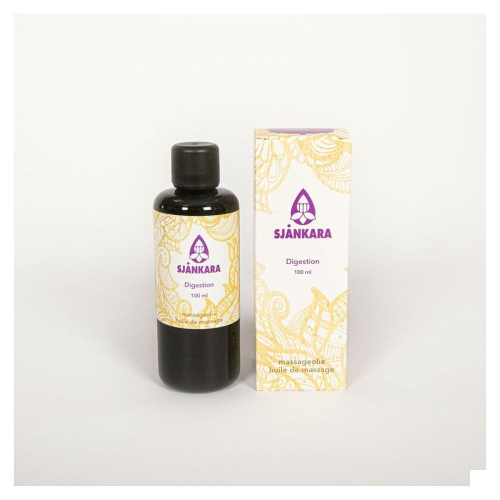 Bruine fles en verpakking met opschrift Sjankara, Digestion. Fles met zwarte dop, verpakking met bloemmotief.