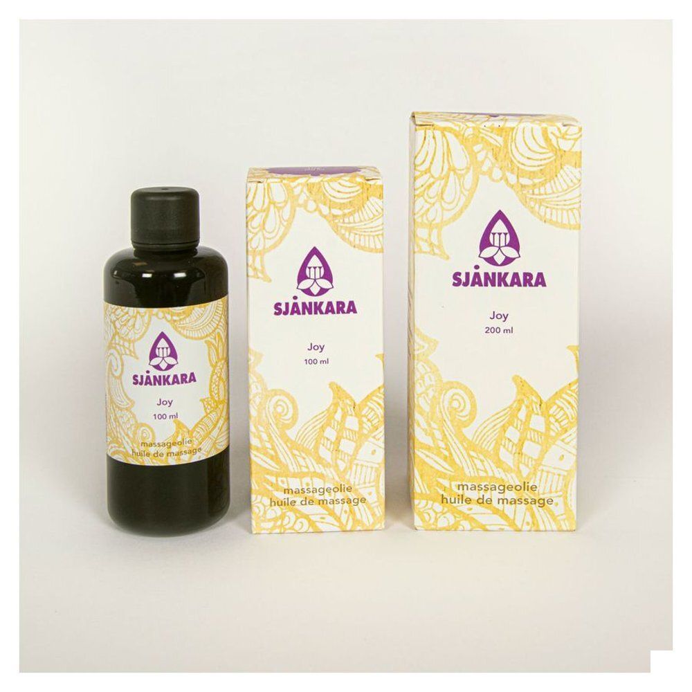 Drie producten: een fles en twee dozen. Opschrift: Sjankara, Joy, massageolie. Geel patroon op witte achtergrond.