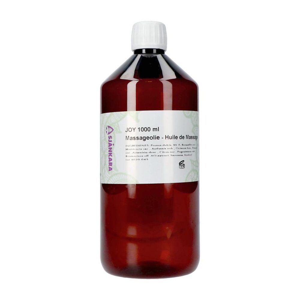Flacon brun avec bouchon blanc. Inscription : JOY 1000 ml Huile de Massage. Étiquette avec informations et logo.