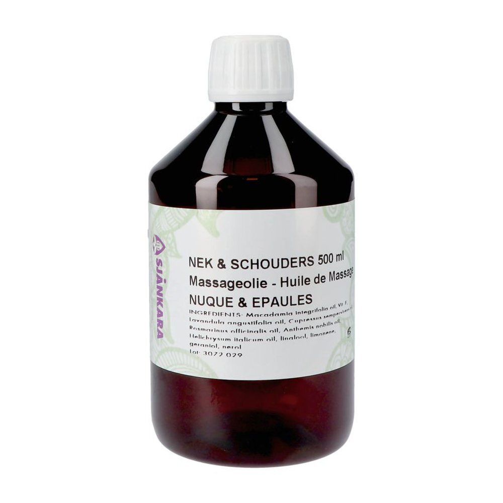 Flacon brun avec bouchon blanc. Inscription : NEK & SCHOUDERS, Massageolie, NUQUE & EPAULES. Marque : Sjankara.