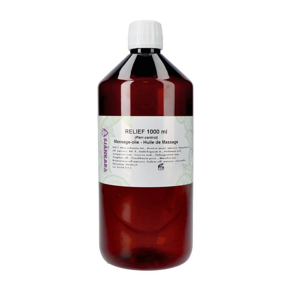 Flacon brun avec bouchon blanc. Étiquette avec texte: RELIEF, 1000 ml, Huile de Massage. Marque Sjankara.