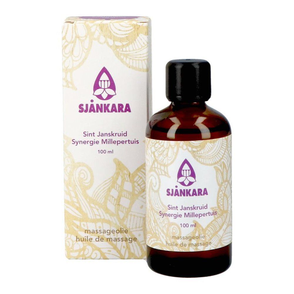 Flacon en verre brun et emballage. Inscription : Sjankara, Sint Janskruid Synergie Millepertuis, 100 ml, massageolie/huile de massage.