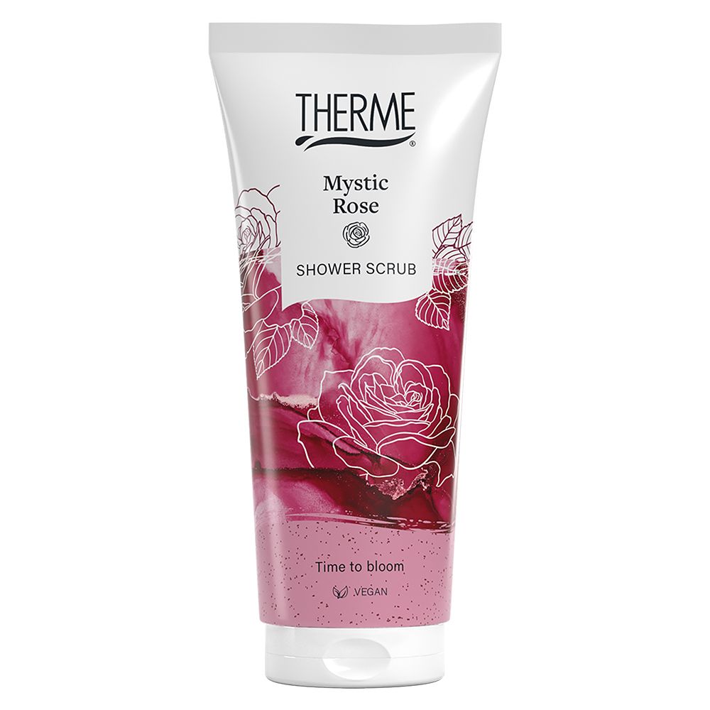 Tube blanc avec logo THERME et illustration de roses. Inscription: Mystic Rose Shower Scrub, Time to bloom. Label: Vegan.