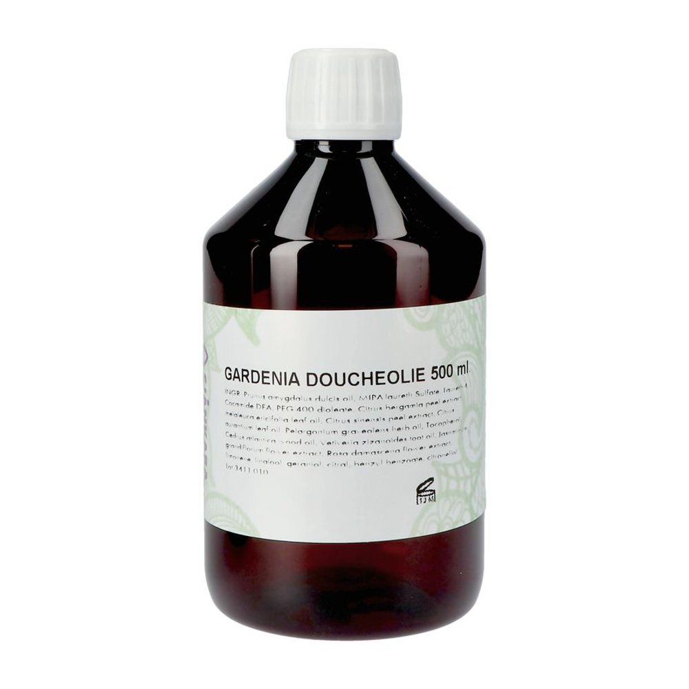 Bruine fles met witte dop. Opschrift: GARDENIA DOUCHEOLE 500 ml. Etiket met tekst en logo.