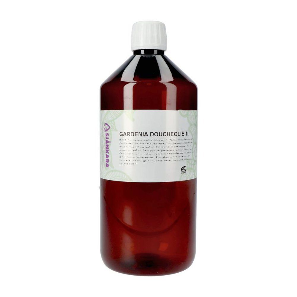 Flacon marron avec bouchon blanc. Étiquette avec texte: GARDENIA DOUCHEOLIE 1L. Marque: Sjankara.