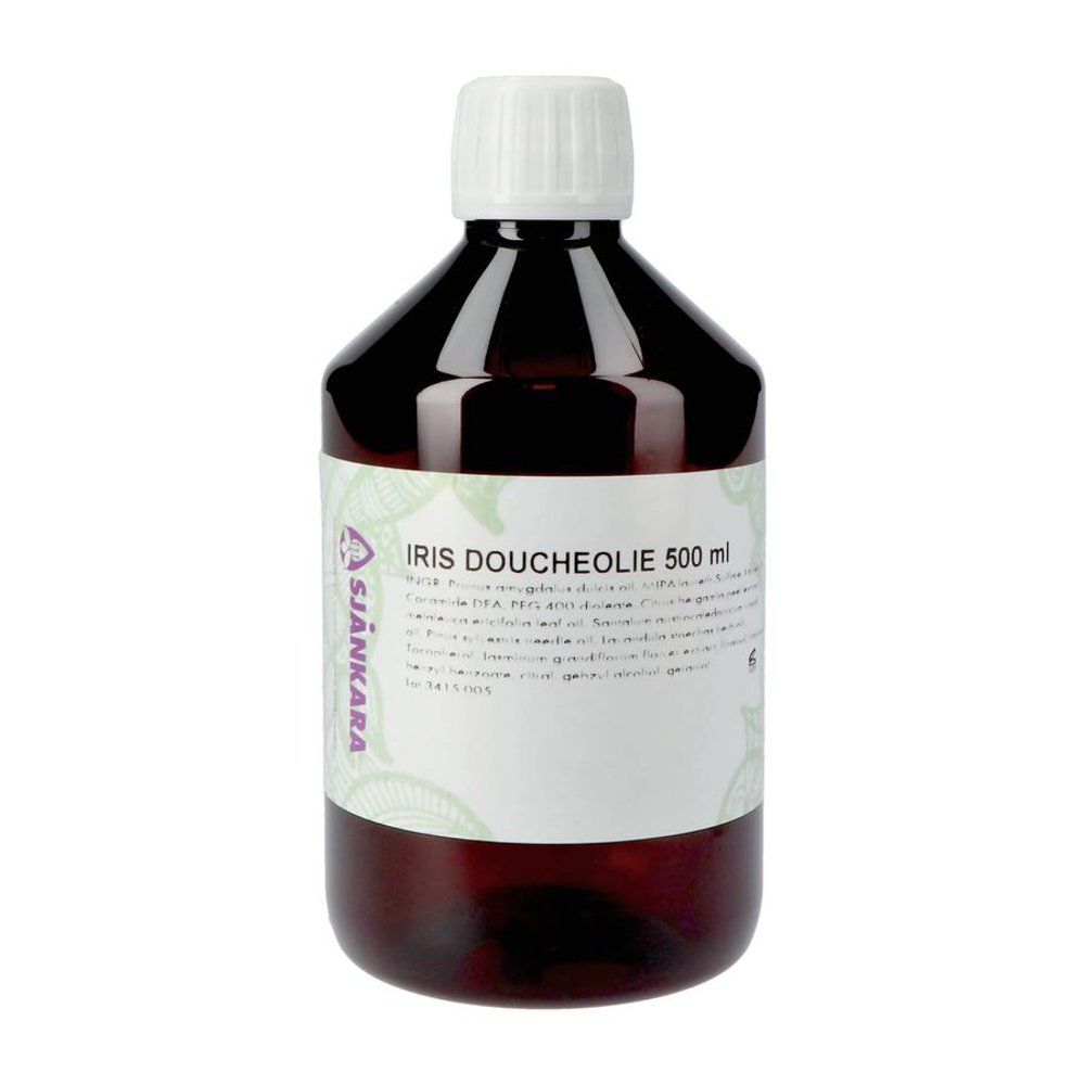 Bruine fles met witte dop. Opschrift: Iris Doucheolie 500 ml. Merk: Sjankara.