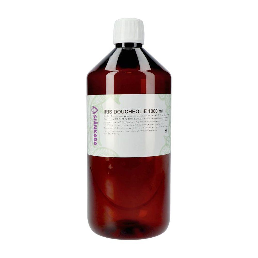 Flacon brun avec bouchon blanc. Étiquette avec texte: Iris Doucheolie 1000 ml. Marque: Sjankara.