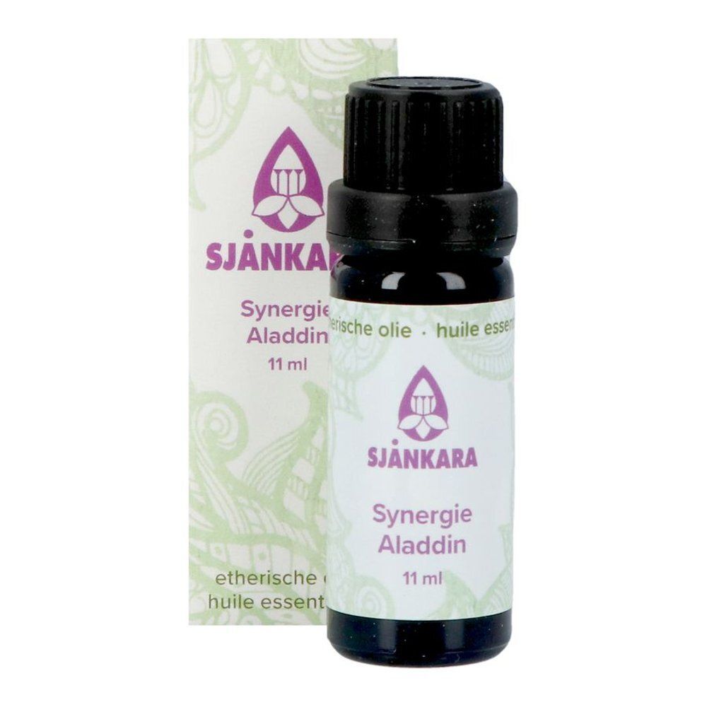 Productfles en verpakking. Fles: Synergie Aladdin, 11 ml. Verpakking: bloemen, productnaam.