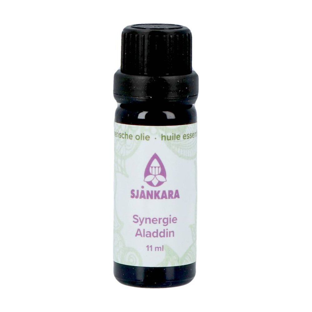 Donkere glazen fles met zwarte dop. Etiket met productnaam: Synergie Aladdin, 11 ml.