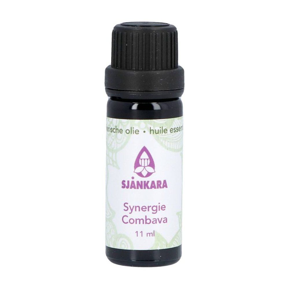 Flacon d'huile Sjankara Combava Synergie. Flacon en verre brun avec bouchon noir. Informations sur l'étiquette, 11 ml.
