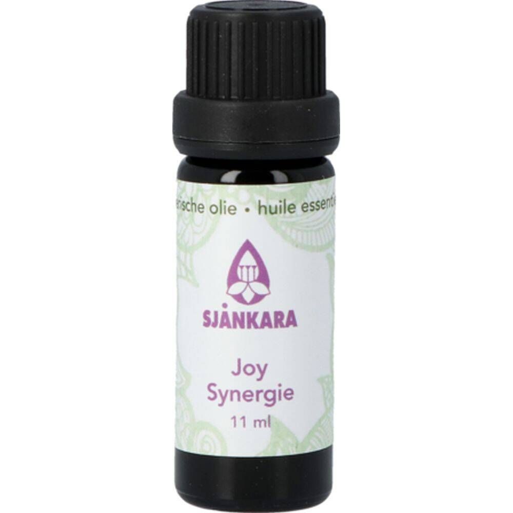 Bruine glazen fles met zwarte dop. Etiket met paars logo en tekst: Sjankara Joy Synergie 11 ml.