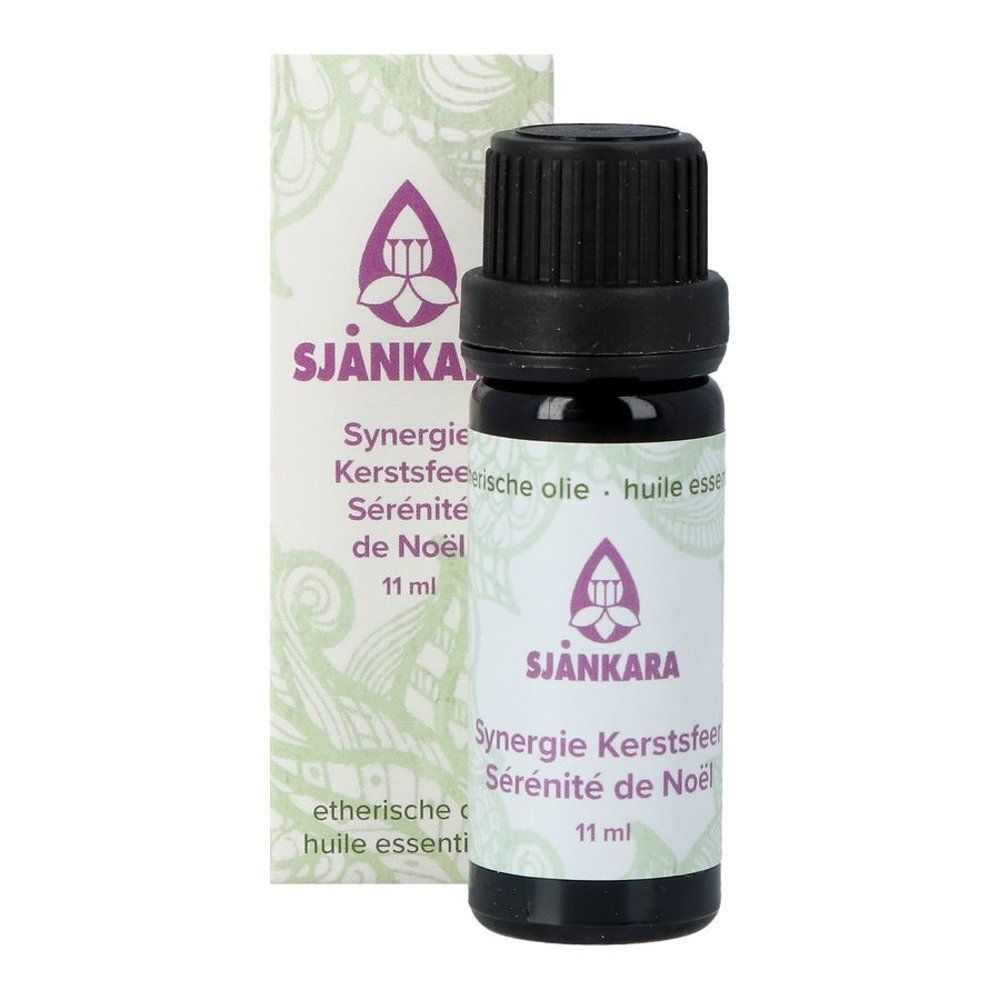 Flesje etherische olie en verpakking. Zwarte dop, etiket met logo en tekst. 11 ml.