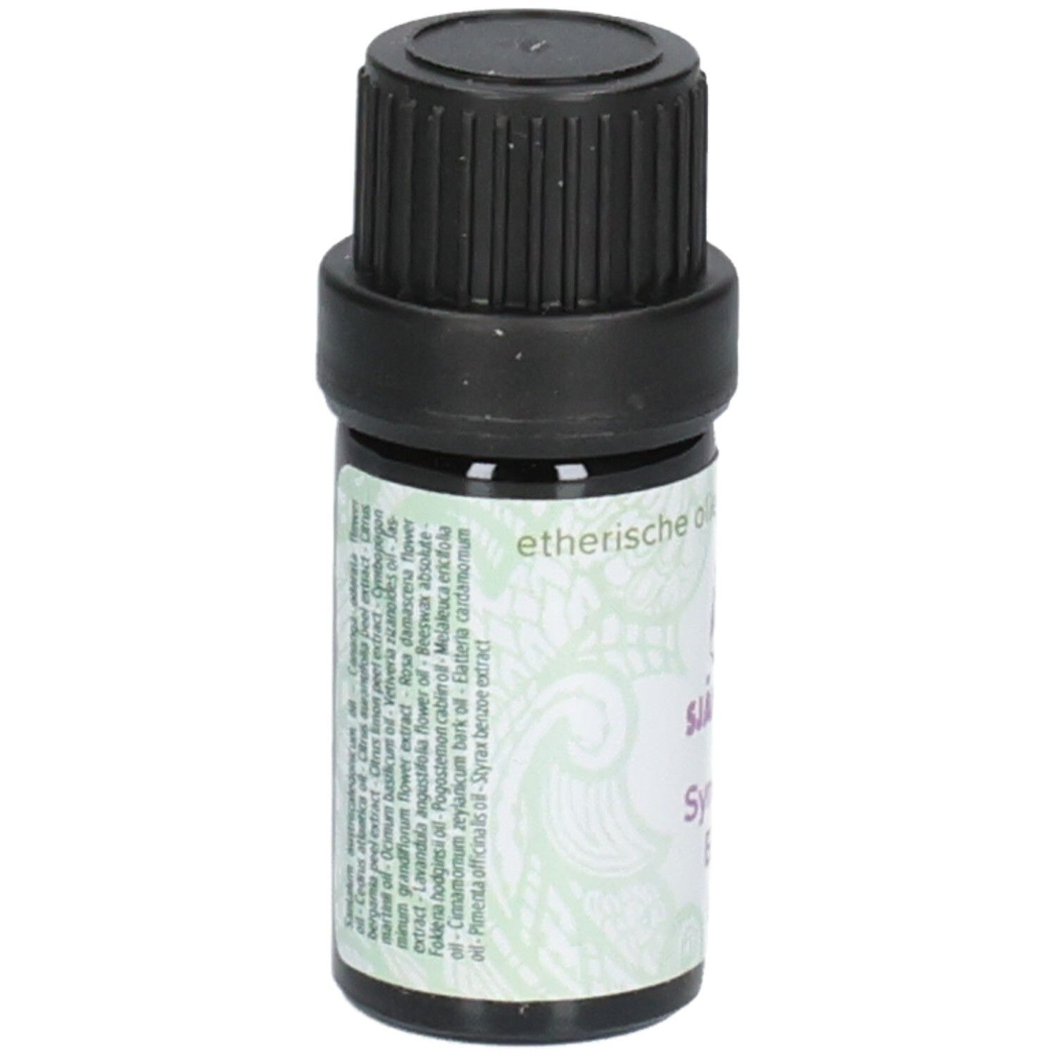 Bruine glazen fles met zwarte dop. Etiket met ingrediënten en tekst: Sjankara, Synergie Eros.