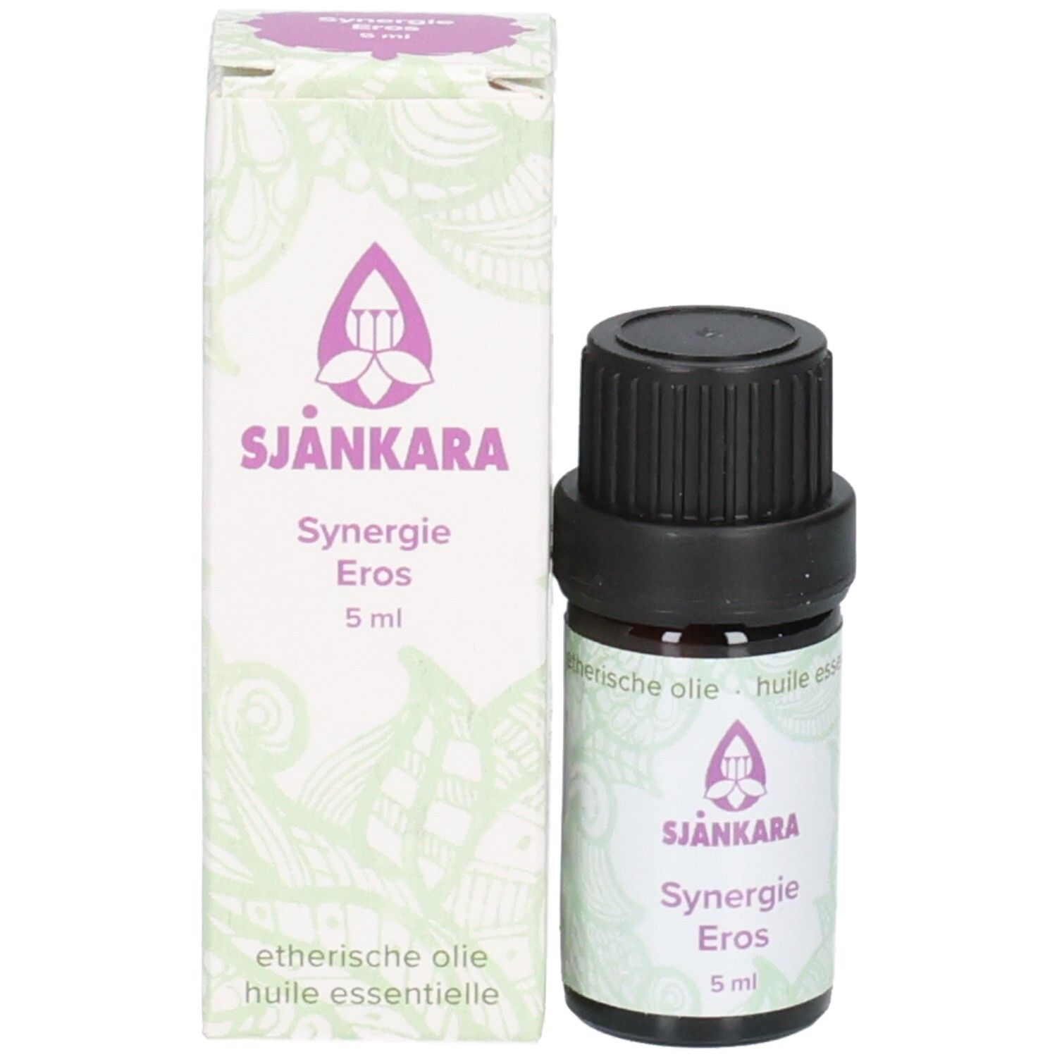 Bruine glazen fles en doos. Op fles en doos: Sjankara, Synergie Eros, 5 ml.